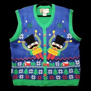 Merry Christmas Nutcracker Drummer Boy Sweater Vest Womens XXL Button Up Acrylic